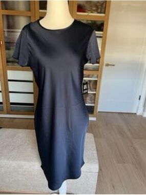 Express Satin Navy Short Sleeve Mini Shift Dress